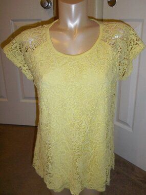 GNW Yellow Crochet Lace front Short Sleeve T-Blouse sz L